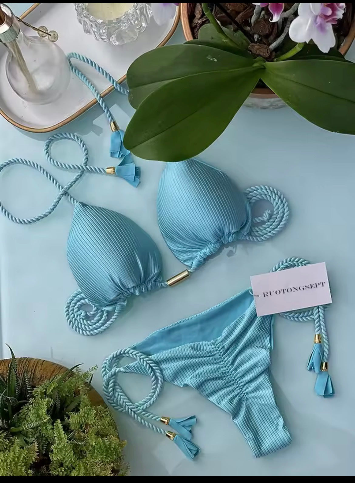 Gold and teal satin bikini